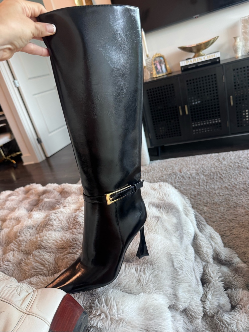 Jeffrey Campbell Black Leather Knee-High Heel Boot with Gold Accent NEVER WORN